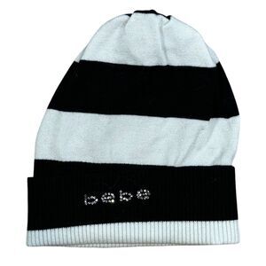 Bebe Beanie Hat Women's White Black Striped Knit Stretch Winter Cap - One Size